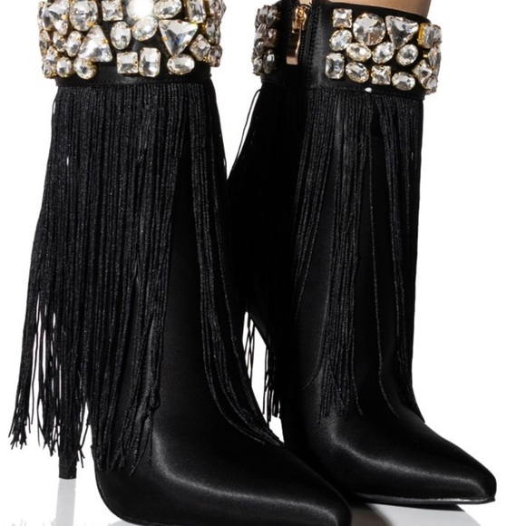 AZALEA WANG AVERI EMBELLISHED FRINGE BOOTIE IN BLACK - Picture 2 of 7